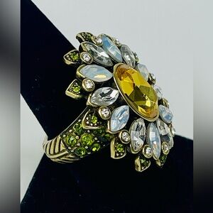 Heidi Daus Crystal white and yellow floral ring with green accents - approx 8.75